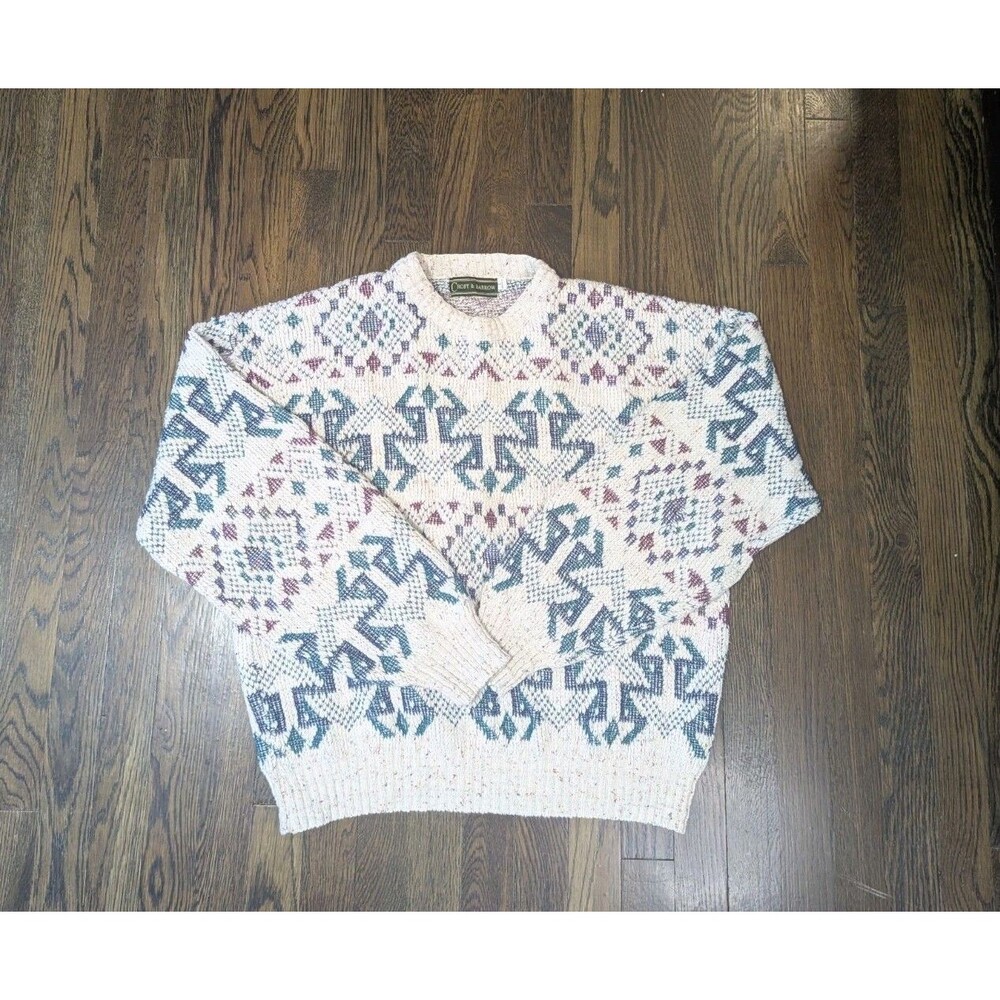 Vtg Croft & Barrow Sweater Men's L 100% Cotton USA Grandpacore Geometric 90's